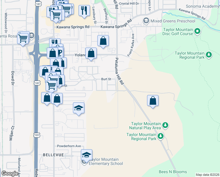 map of restaurants, bars, coffee shops, grocery stores, and more near 2563 Thistle Creek Street in Santa Rosa
