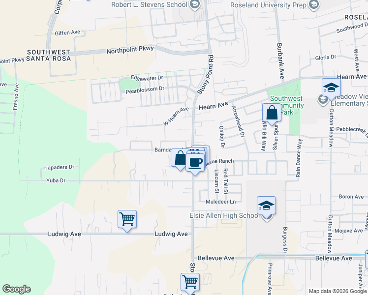 map of restaurants, bars, coffee shops, grocery stores, and more near 2604 Barndance Lane in Santa Rosa