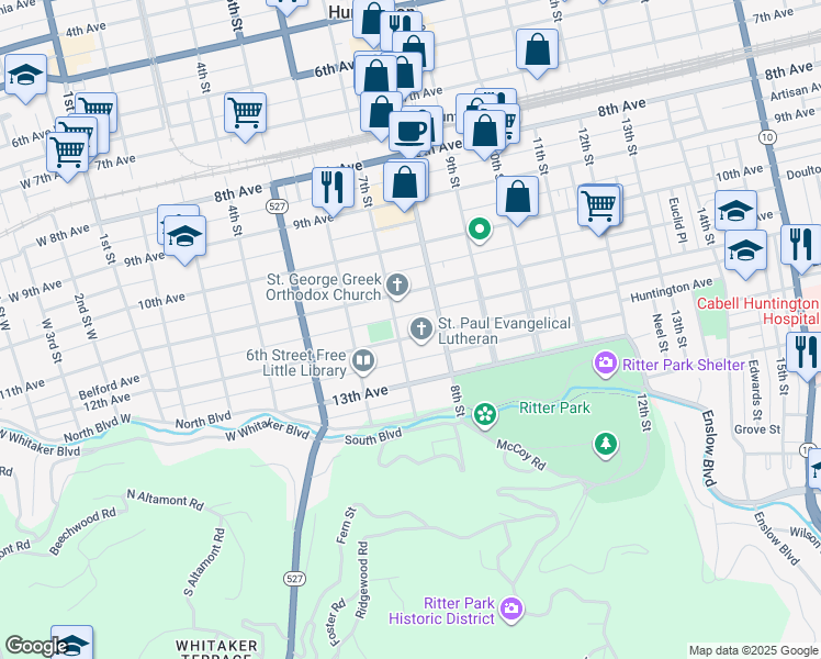 map of restaurants, bars, coffee shops, grocery stores, and more near 729 12th Avenue in Huntington