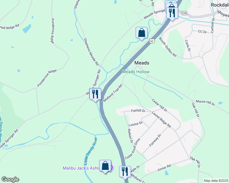 map of restaurants, bars, coffee shops, grocery stores, and more near 9012-9199 Midland Trail Road in Ashland