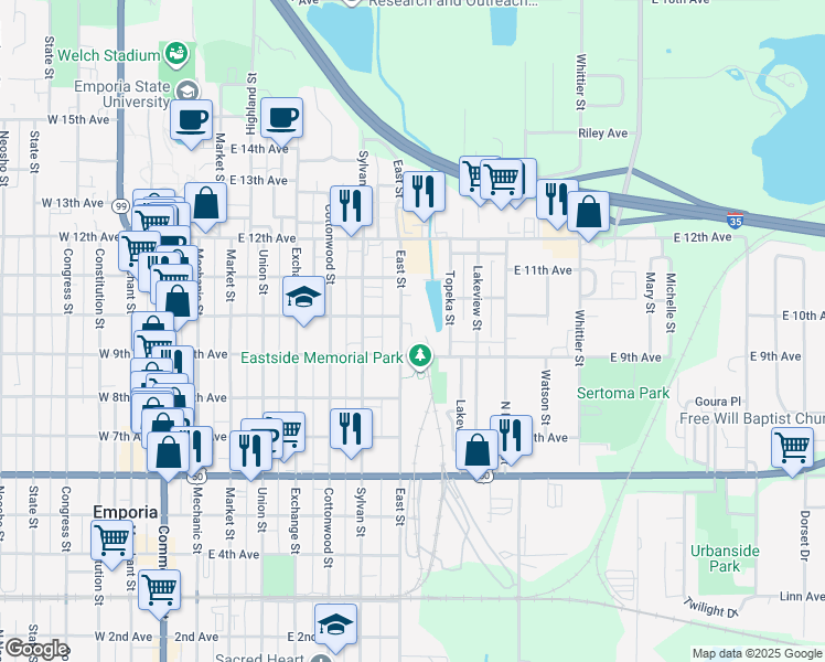 map of restaurants, bars, coffee shops, grocery stores, and more near 905 East Street in Emporia