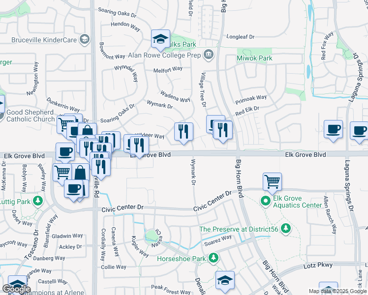 map of restaurants, bars, coffee shops, grocery stores, and more near 7922 Mansell Way in Elk Grove