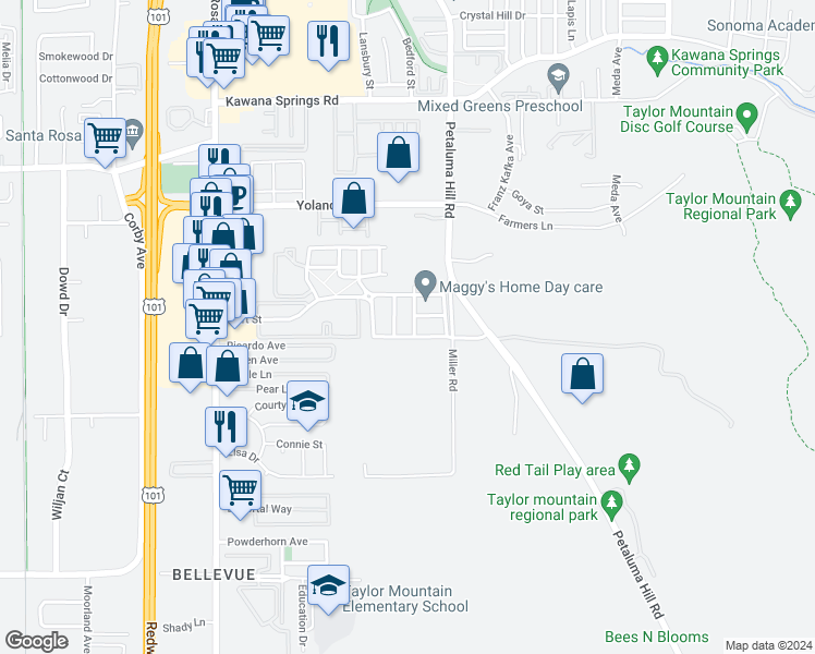 map of restaurants, bars, coffee shops, grocery stores, and more near 2557 Thistle Creek Street in Santa Rosa