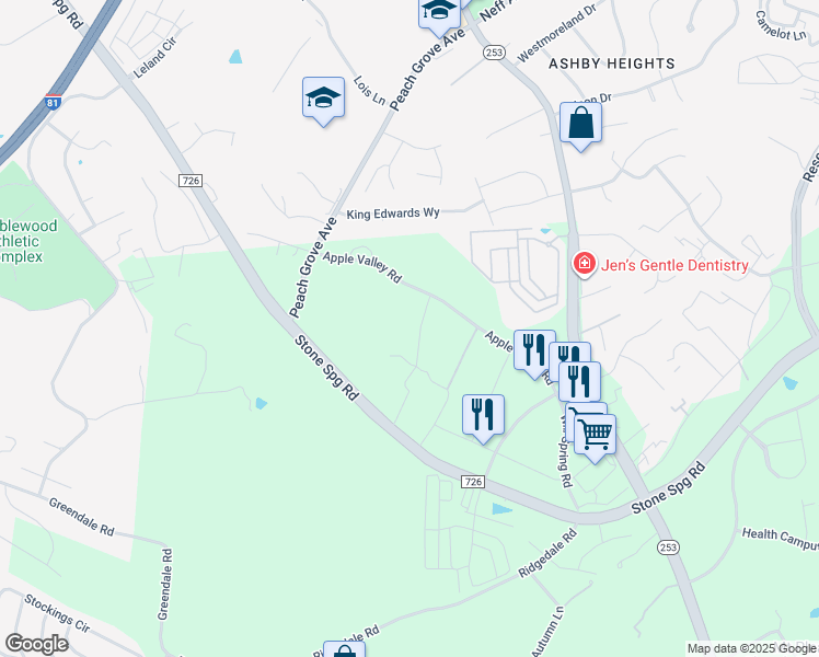 map of restaurants, bars, coffee shops, grocery stores, and more near 1650 Westminster Way in Harrisonburg