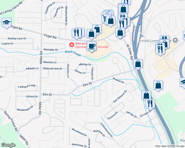 map of restaurants, bars, coffee shops, grocery stores, and more near 173 Falcetti Drive in Arnold