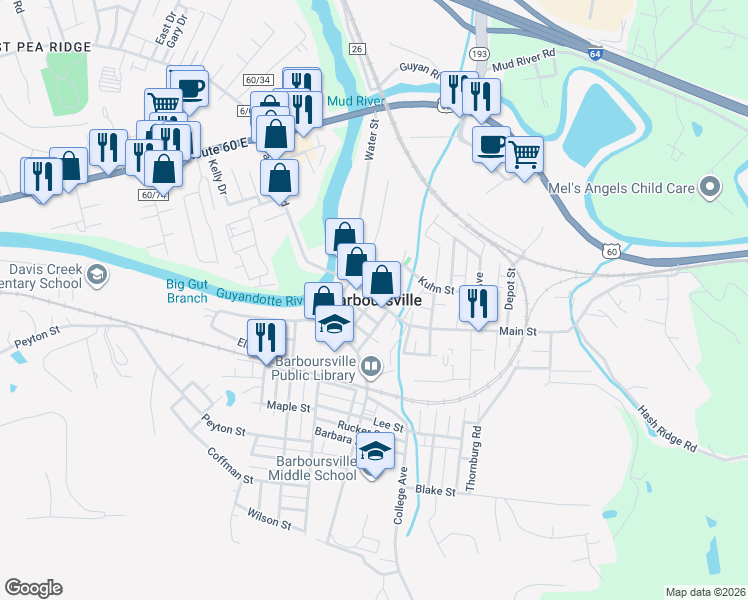 map of restaurants, bars, coffee shops, grocery stores, and more near 700 Main Street in Barboursville