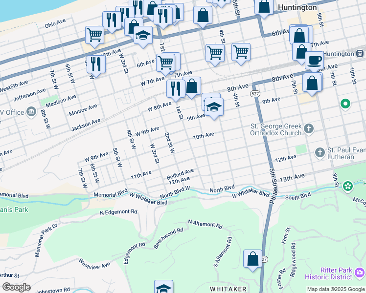 map of restaurants, bars, coffee shops, grocery stores, and more near 114 11th Ave in Huntington