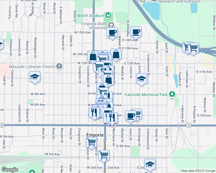 map of restaurants, bars, coffee shops, grocery stores, and more near 906 Commercial Street in Emporia