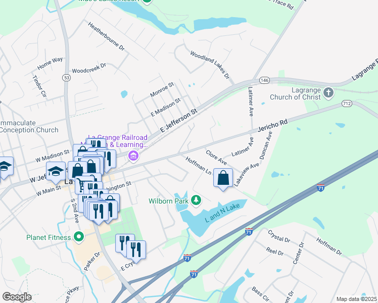 map of restaurants, bars, coffee shops, grocery stores, and more near 100 Hedgeberry Court in La Grange