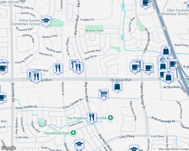 map of restaurants, bars, coffee shops, grocery stores, and more near in Elk Grove