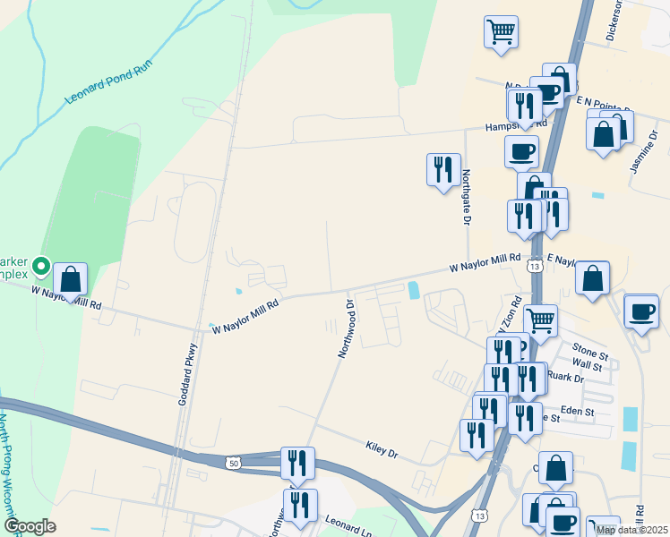 map of restaurants, bars, coffee shops, grocery stores, and more near 303 West Naylor Mill Road in Salisbury