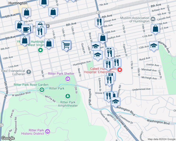 map of restaurants, bars, coffee shops, grocery stores, and more near 1366 Park Street in Huntington