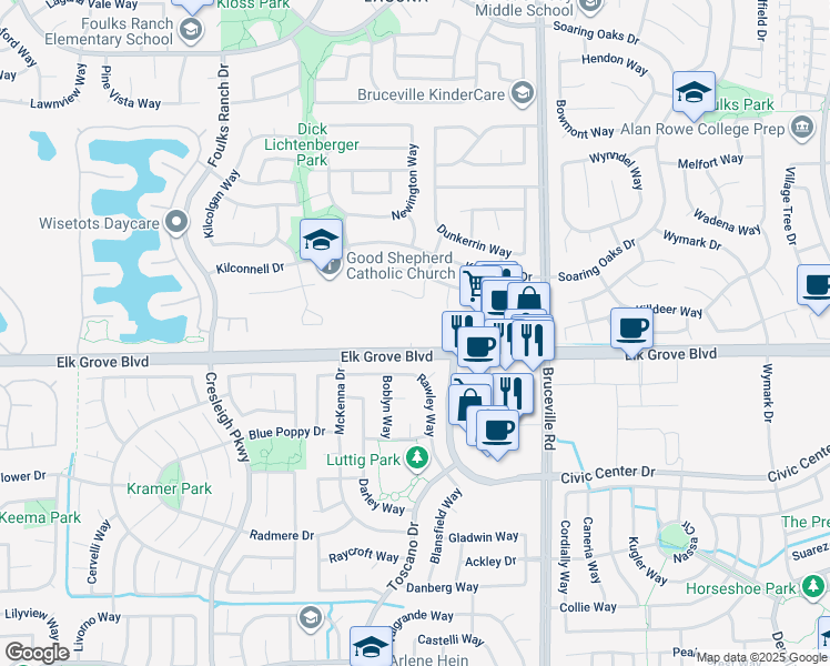 map of restaurants, bars, coffee shops, grocery stores, and more near 6915 Elk Grove Boulevard in Elk Grove