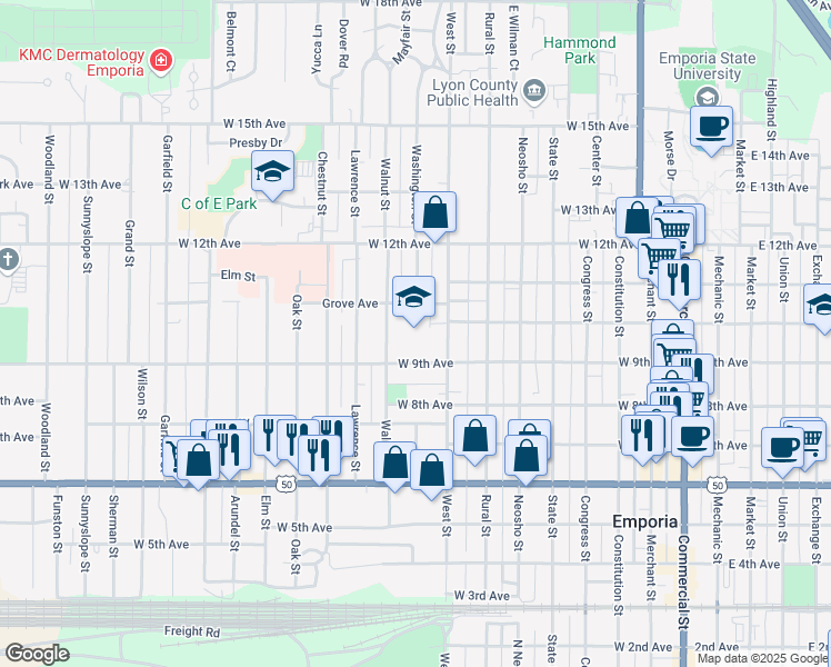 map of restaurants, bars, coffee shops, grocery stores, and more near 801 Grove Avenue in Emporia