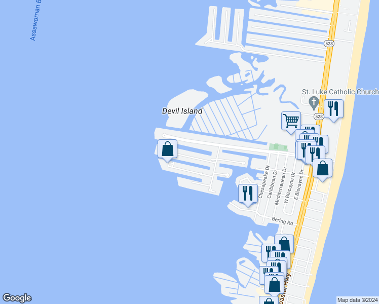 map of restaurants, bars, coffee shops, grocery stores, and more near 715C Mooring Road in Ocean City