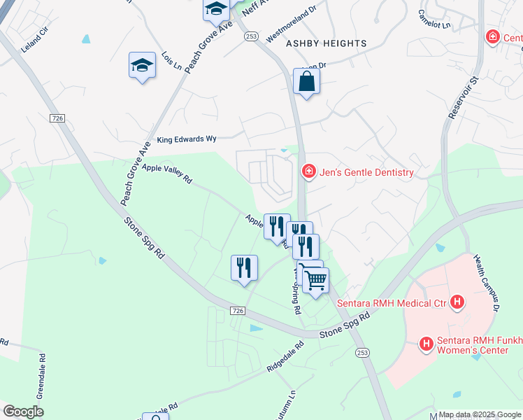 map of restaurants, bars, coffee shops, grocery stores, and more near 1643-1665 Apple Valley Road in Harrisonburg