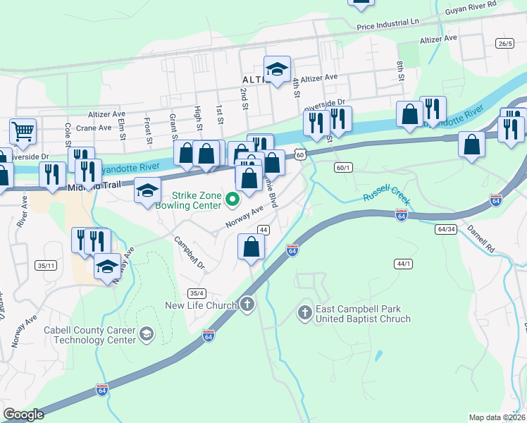 map of restaurants, bars, coffee shops, grocery stores, and more near 1043 County Road 44 in Huntington