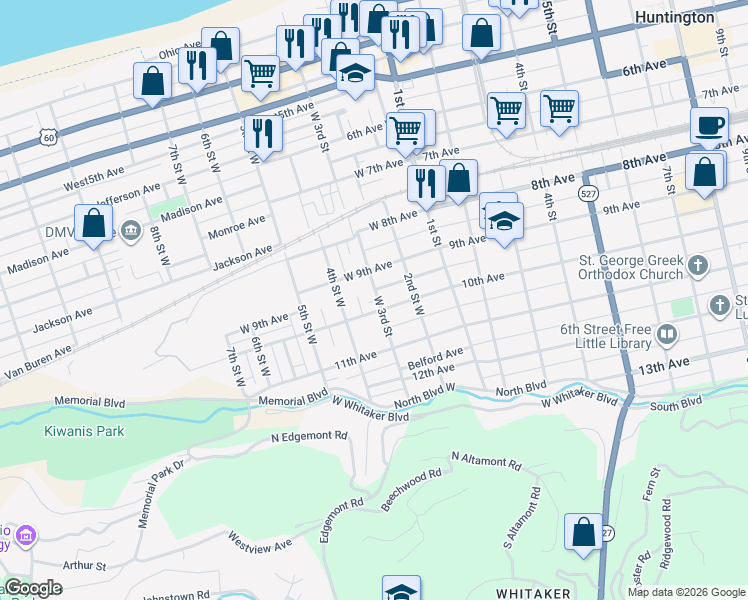 map of restaurants, bars, coffee shops, grocery stores, and more near 303 10th Avenue in Huntington