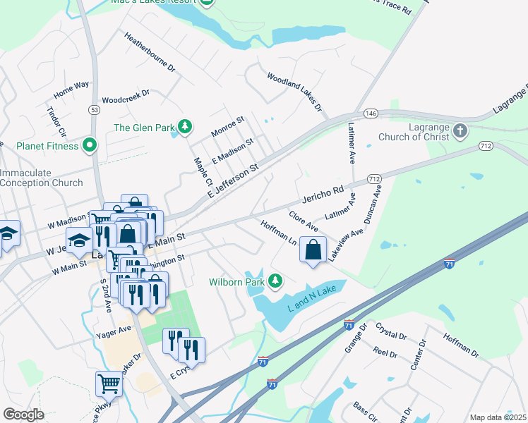 map of restaurants, bars, coffee shops, grocery stores, and more near 113 Hoffman Lane in La Grange