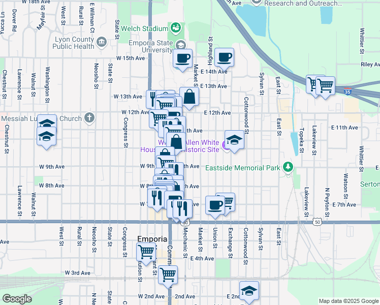 map of restaurants, bars, coffee shops, grocery stores, and more near 906 Mechanic Street in Emporia