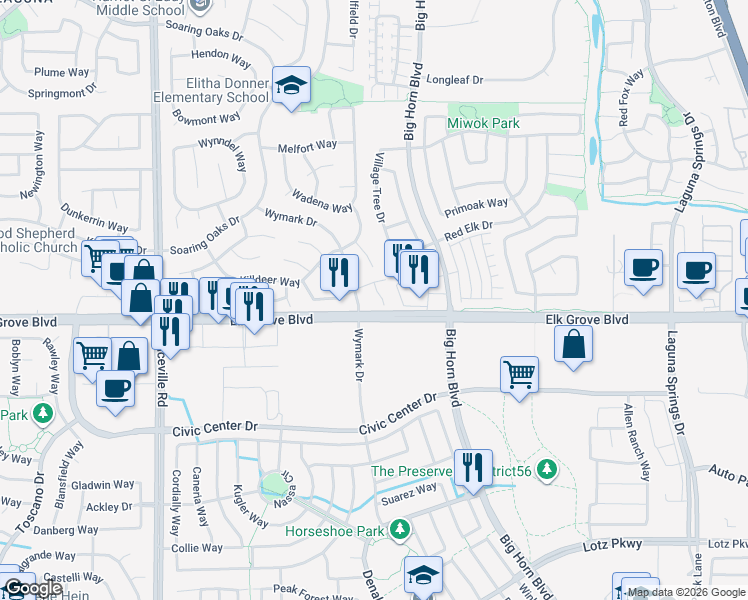 map of restaurants, bars, coffee shops, grocery stores, and more near in Elk Grove
