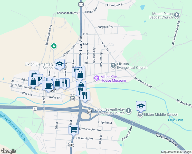 map of restaurants, bars, coffee shops, grocery stores, and more near 566-584 East Rockingham Street in Elkton