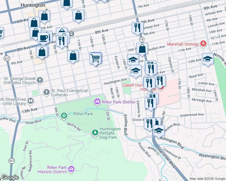 map of restaurants, bars, coffee shops, grocery stores, and more near 1347 Neel Street in Huntington