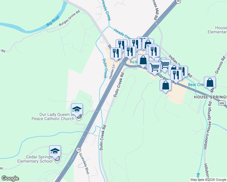 map of restaurants, bars, coffee shops, grocery stores, and more near 4616 Dulin Creek Road in House Springs