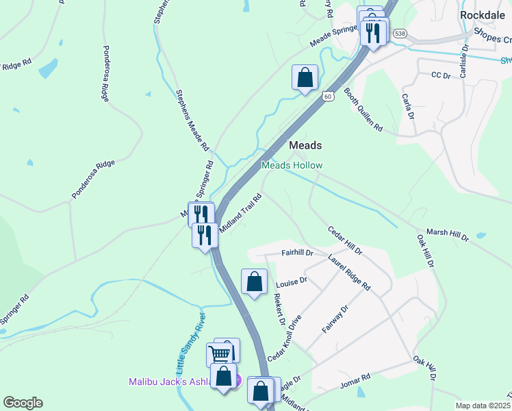 map of restaurants, bars, coffee shops, grocery stores, and more near 9012 Midland Trail Road in Ashland