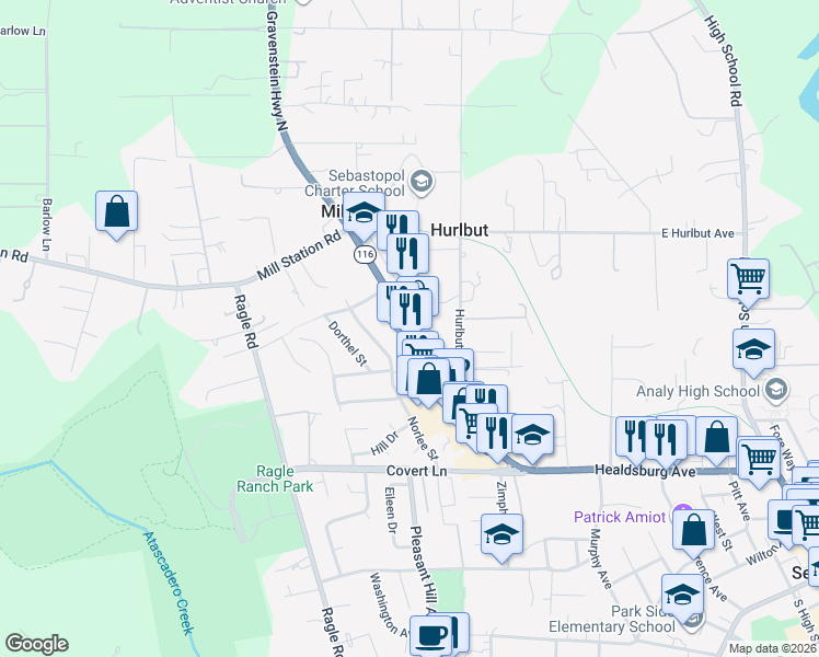 map of restaurants, bars, coffee shops, grocery stores, and more near 826 Gravenstein Highway North in Sebastopol