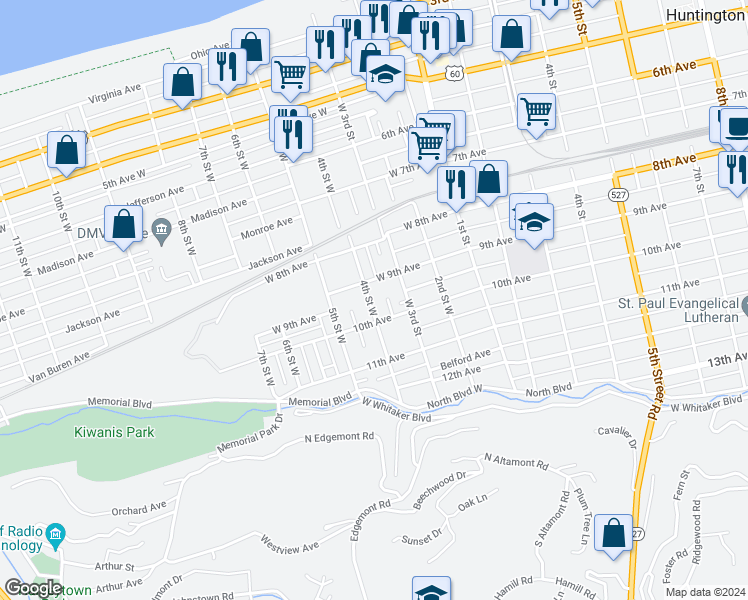 map of restaurants, bars, coffee shops, grocery stores, and more near 912 4th Street West in Huntington