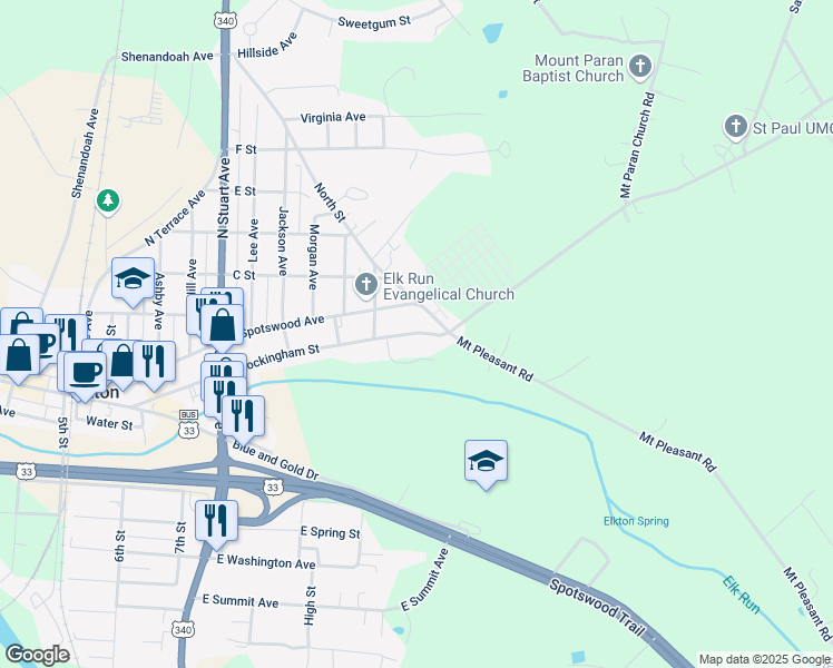 map of restaurants, bars, coffee shops, grocery stores, and more near 302 East Rockingham Street in Elkton