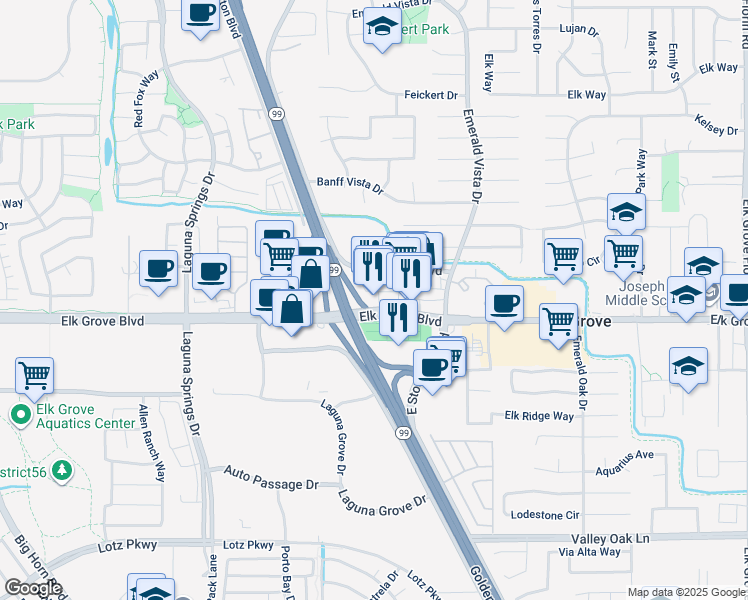 map of restaurants, bars, coffee shops, grocery stores, and more near 8536 Elk Grove Boulevard in Elk Grove