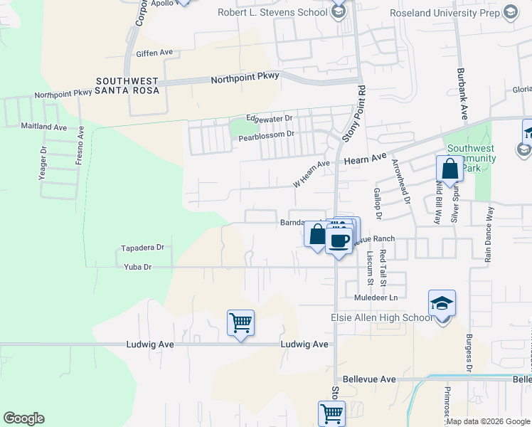 map of restaurants, bars, coffee shops, grocery stores, and more near 2512 Covelline Street in Santa Rosa
