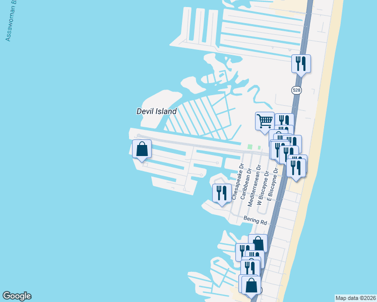map of restaurants, bars, coffee shops, grocery stores, and more near 712A Mooring Road in Ocean City