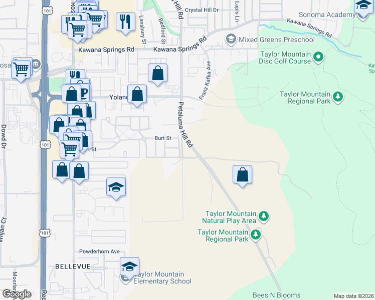 map of restaurants, bars, coffee shops, grocery stores, and more near 3395 Petaluma Hill Road in Santa Rosa