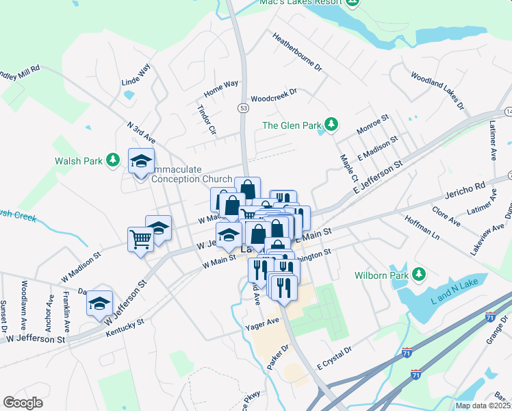map of restaurants, bars, coffee shops, grocery stores, and more near 110 E Madison St in La Grange