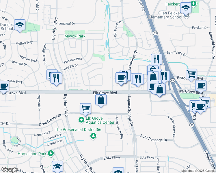 map of restaurants, bars, coffee shops, grocery stores, and more near 8359 Elk Grove Boulevard in Elk Grove
