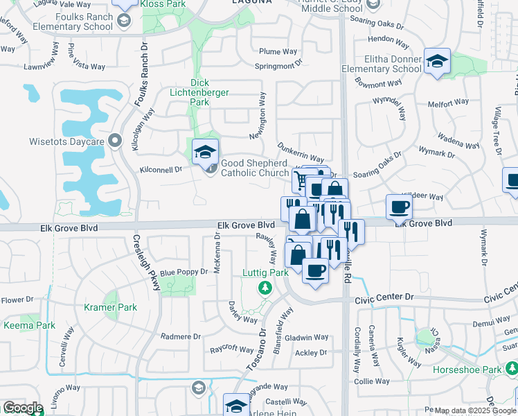 map of restaurants, bars, coffee shops, grocery stores, and more near 6813 Rawley Way in Elk Grove