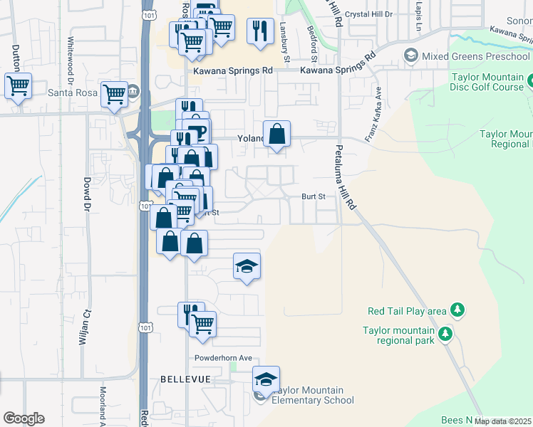 map of restaurants, bars, coffee shops, grocery stores, and more near 437 Ricardo Avenue in Santa Rosa