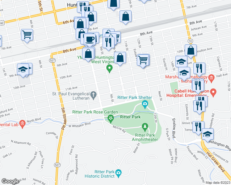 map of restaurants, bars, coffee shops, grocery stores, and more near 1234 9th Street in Huntington