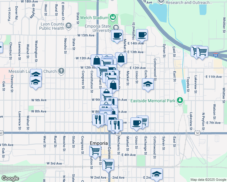 map of restaurants, bars, coffee shops, grocery stores, and more near 906 Commercial Street in Emporia