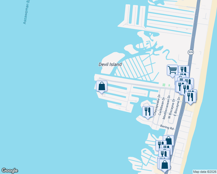 map of restaurants, bars, coffee shops, grocery stores, and more near 725B Mooring Road in Ocean City