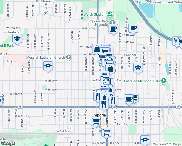 map of restaurants, bars, coffee shops, grocery stores, and more near 901 Constitution Street in Emporia