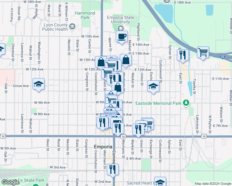 map of restaurants, bars, coffee shops, grocery stores, and more near 5 East 10th Avenue in Emporia