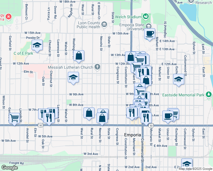 map of restaurants, bars, coffee shops, grocery stores, and more near 927 State Street in Emporia
