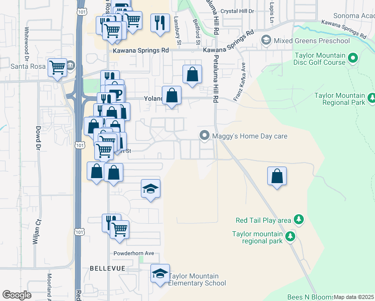 map of restaurants, bars, coffee shops, grocery stores, and more near 2507 Cedar Creek Street in Santa Rosa