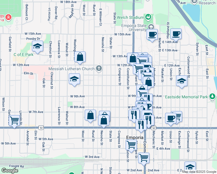 map of restaurants, bars, coffee shops, grocery stores, and more near 927 State Street in Emporia
