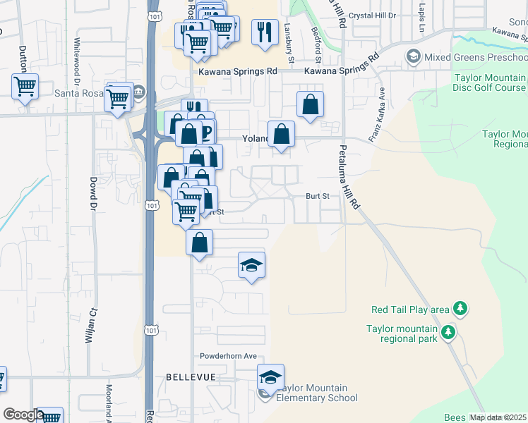 map of restaurants, bars, coffee shops, grocery stores, and more near 245 Burt Street in Santa Rosa