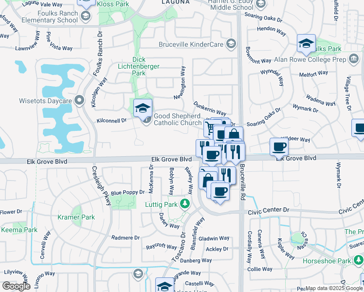 map of restaurants, bars, coffee shops, grocery stores, and more near 6915 Elk Grove Boulevard in Elk Grove